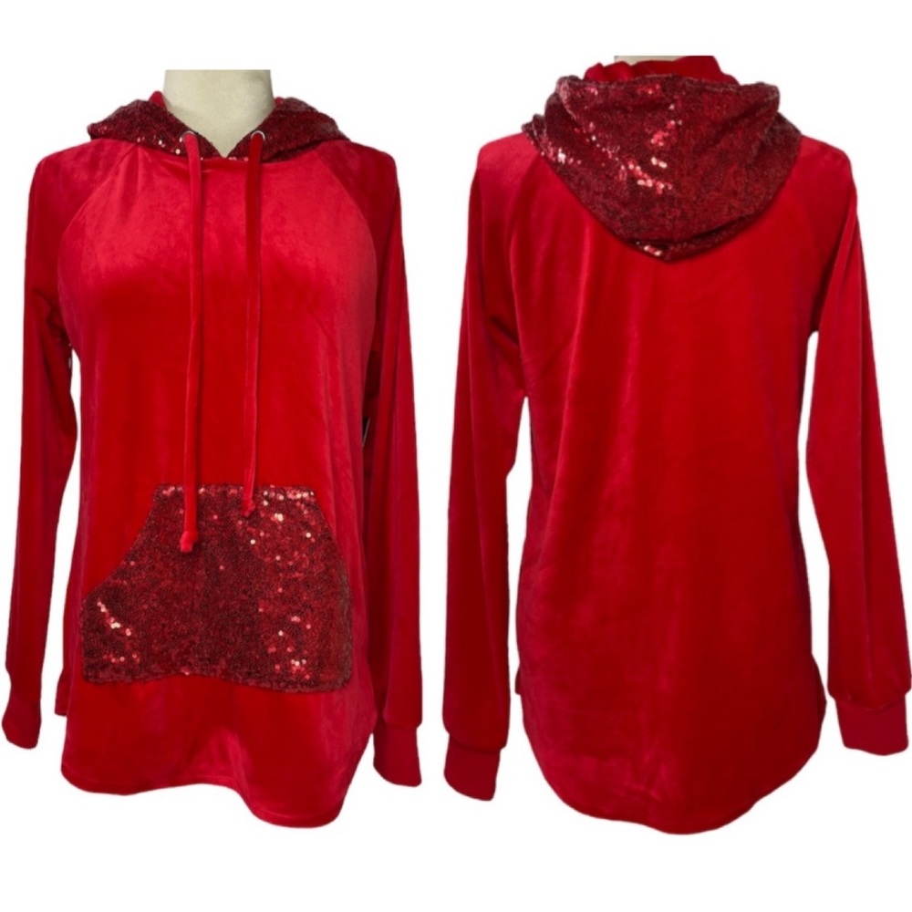 No Boundaries Red Velvet Velour Hoodie Pocket Sequin Matching Face Mask Size S